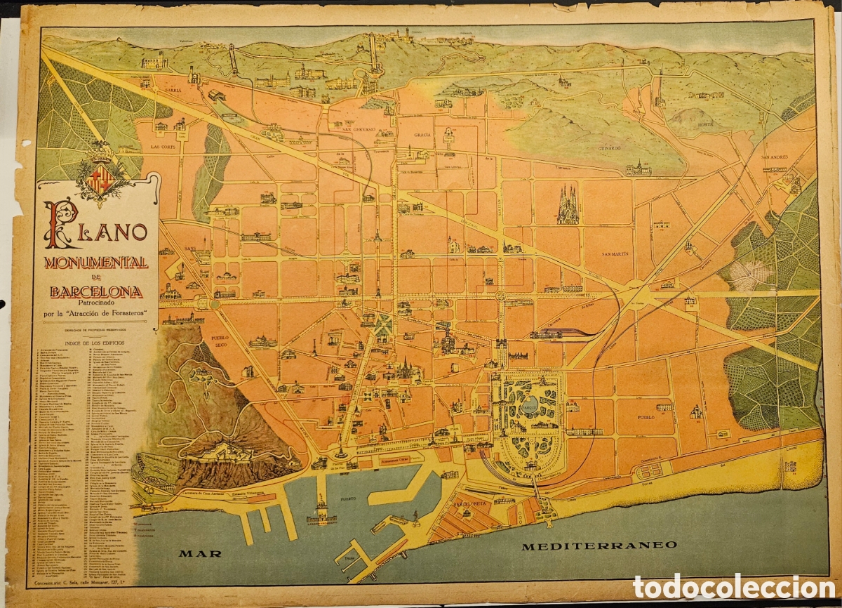 Mapas contempor&aacute;neos: Plano Monumental de Barcelona ORIGINAL (c. 1915-1930) &ndash; Atracci&oacute;n de Forasteros