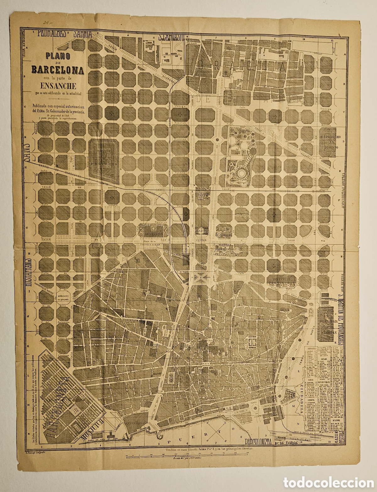 Mapas contempor&aacute;neos: Plano original de Barcelona con la parte del Ensanche en construcci&oacute;n &ndash; Siglo XIX &ndash; Muy raro