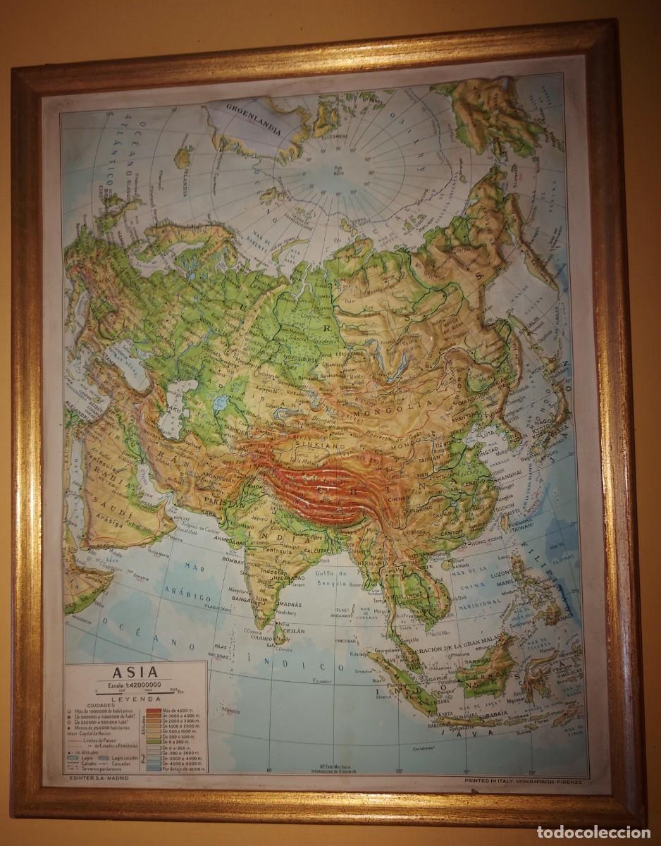Mapas contempor&aacute;neos: ANTIGUO MAPA CON RELIEVE GEOGRAFICO , ASIA /COLEGIO , ESCUELA