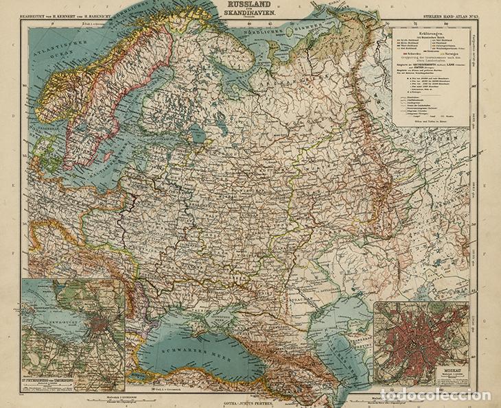 Mapas contempor&aacute;neos: MAPA DEL IMPERIO DE RUSIA Y ESCANDINAVIA, MOSC&Uacute; Y SAN PETERSBURGO, 1908, LITOGRAF&Iacute;A STIELER&rsquo;S, 9&ordf; Ed