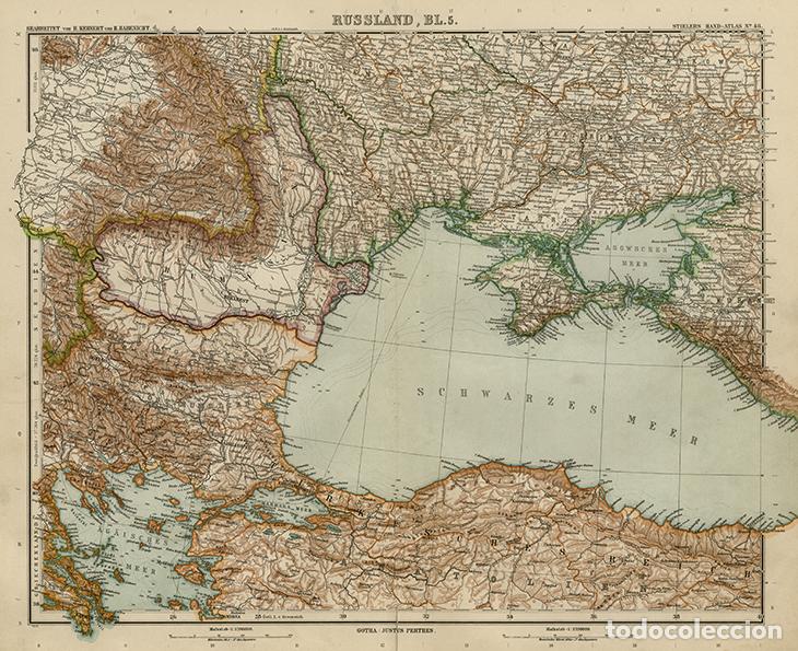Mapas contempor&aacute;neos: MAPA DEL MAR NEGRO Y LA FRONTERA DANUBIANA RUSA (R&Iacute;O PRUT), DE 1908, LITOGRAF&Iacute;A STIELER&rsquo;S, 9&ordf; Ed.
