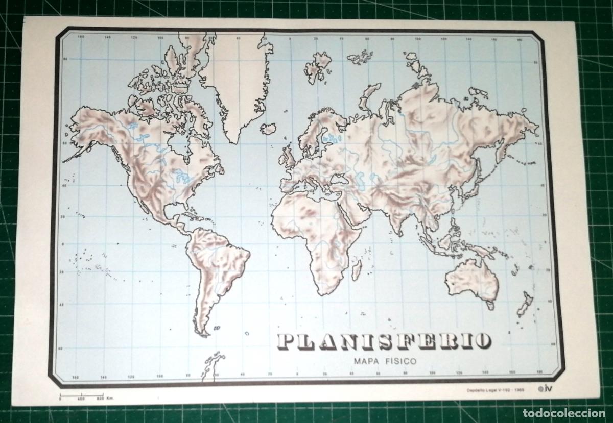 Mapas contempor&aacute;neos: MAPA MUDO F&Iacute;SICO. PLANISFERIO. - Editorial iV, 1985