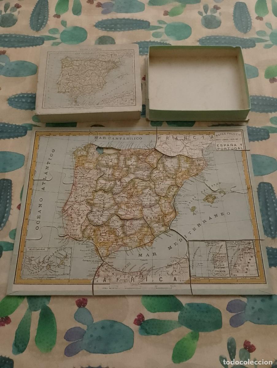 Mapas contempor&aacute;neos: Antiguo puzzle rompecabezas mapa Espa&ntilde;a y Portugal - Mapas Paluzie / Elzeviriana Barcelona - Vintage