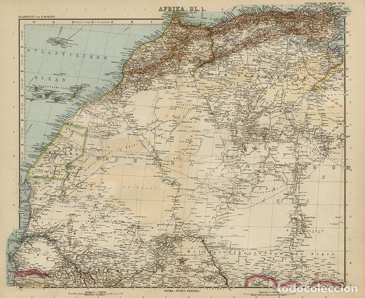 Mapas contempor&aacute;neos: MAPA DE &Aacute;FRICA NOROESTE, MAGREB, SAHARA, CANARIAS, SAHEL, DE 1908, LITOGRAF&Iacute;A STIELER&rsquo;S, 9&ordf; Ed.