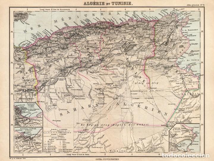 Mapas contempor&aacute;neos: MAPA DE ARGELIA Y T&Uacute;NEZ EN 1900, JUSTUS PERTHES, GRABADO DE COBRE. CARTOGRAF&Iacute;A, CARTA GEOGR&Aacute;FICA