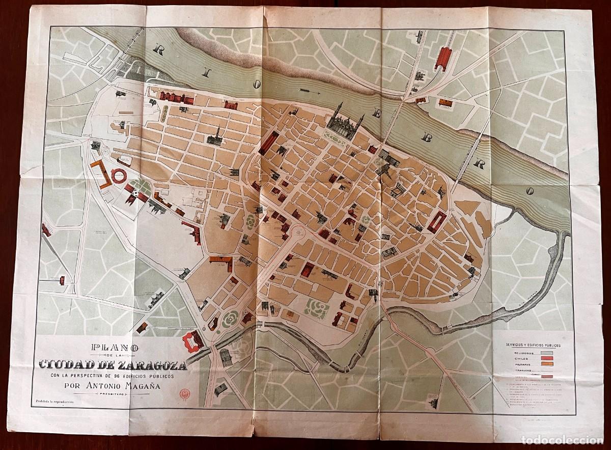 Mapas contempor&aacute;neos: Antonio Maga&ntilde;a, Plano de la ciudad de Zaragoza con la perspectiva de 96 edificios p&uacute;blicos. 1917