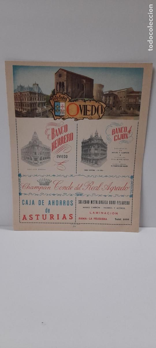 Mapas contempor&aacute;neos: ANTIGUA LAMINA DE OVIEDO CON SU MAPA AL DORSO Y ANUNCIOS COMERCIALES DE LA EPOCA . ORIGINAL A&Ntilde;OS 50