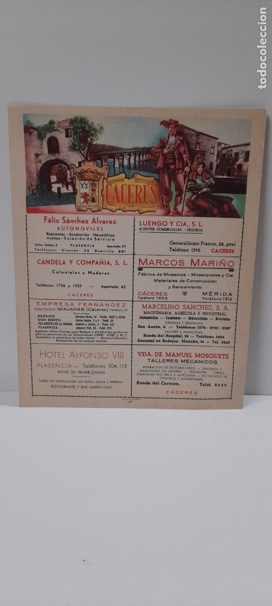 Mapas contempor&aacute;neos: ANTIGUA LAMINA DE CACERES CON SU MAPA AL DORSO Y ANUNCIOS COMERCIALES DE LA EPOCA . ORIGINAL A&Ntilde;OS 50