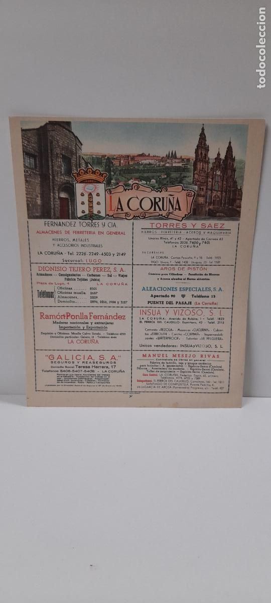 Mapas contempor&aacute;neos: ANTIGUA LAMINA DE CORU&Ntilde;A CON SU MAPA AL DORSO Y ANUNCIOS COMERCIALES DE LA EPOCA . ORIGINAL A&Ntilde;OS 50