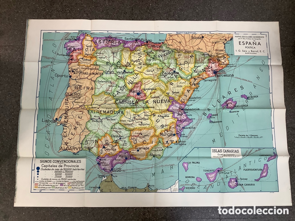 Mapas contempor&aacute;neos: Bonito mapa escolar pol&iacute;tico Espa&ntilde;a d&eacute;cada de los 50 (124x88 cm)