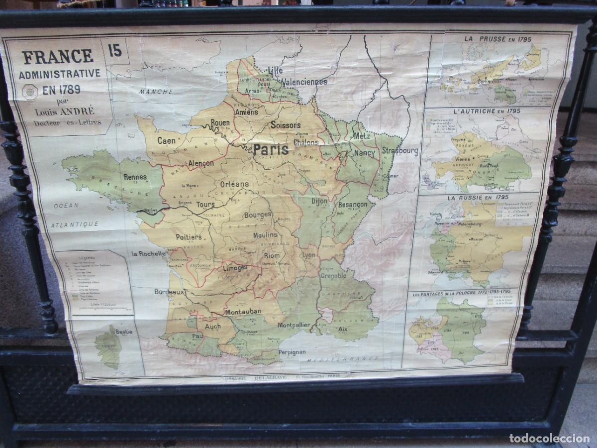 Zeitgen&ouml;ssische Karten: Francia administrativa 1789, Louis Andr&eacute;, mapa entelado escuela, varias cartelas edi Delagrave Par&iacute;s