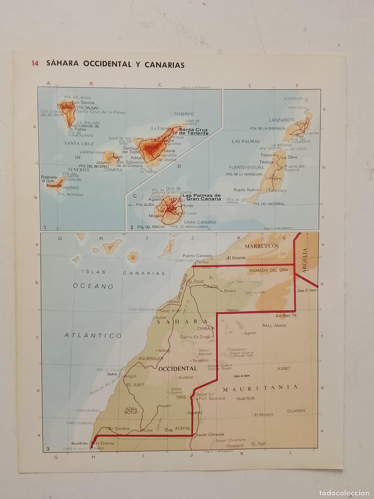 Mapas contempor&aacute;neos: 26 x 21 cm mapa antiguo a&ntilde;os 60/70 SAHARA OCCIDENTAL Y CANARIAS TENERIFE GRAN CANARIA LANZAROTE