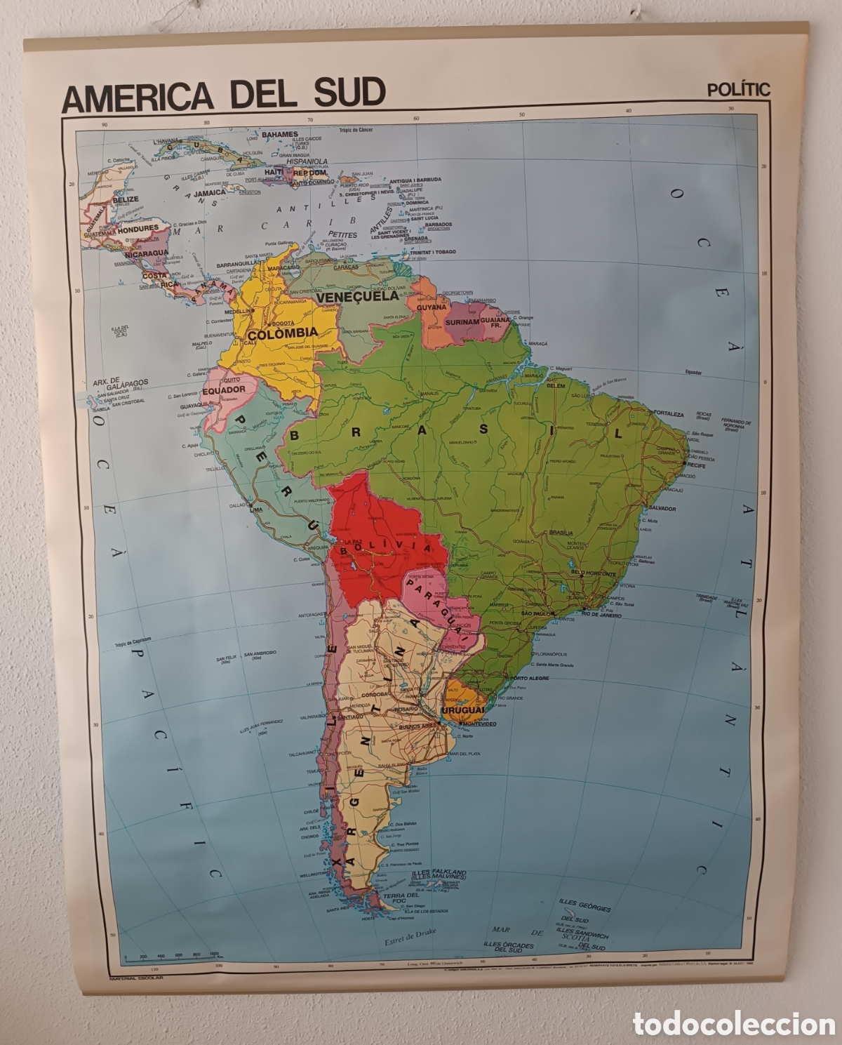 Mapas contempor&aacute;neos: Gran MAPA Pared tipo Escuela de AM&Eacute;RICA del SUR, Reversible F&Iacute;SIC I POL&Iacute;TIC de 0,90 x 1,20 m. 1992