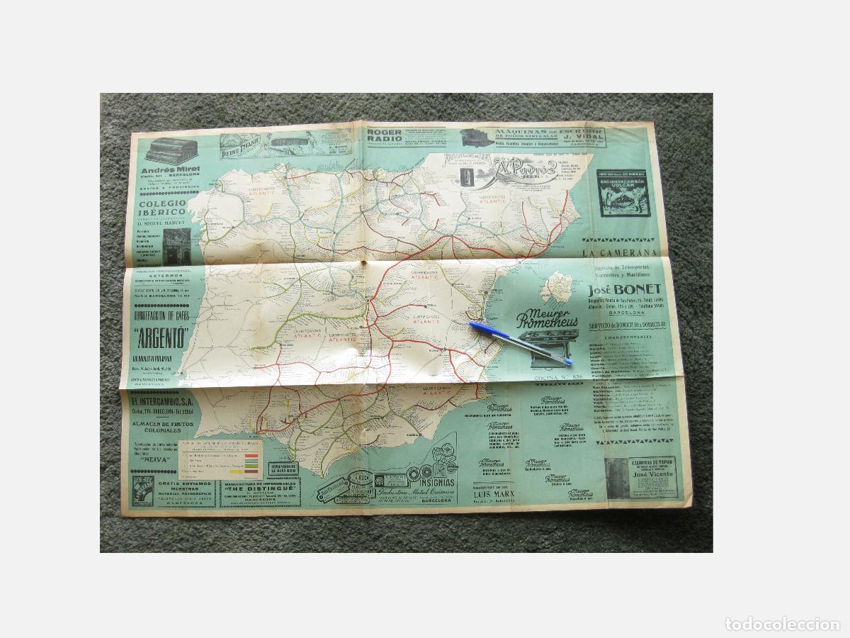 Mapas contempor&aacute;neos: ANTIGUO MAPA DE LOS FERROCARRILES DE ESPA&Ntilde;A Y PORTUGAL CON PUBLICIDAD. CATALU&Ntilde;A. BARCELONA