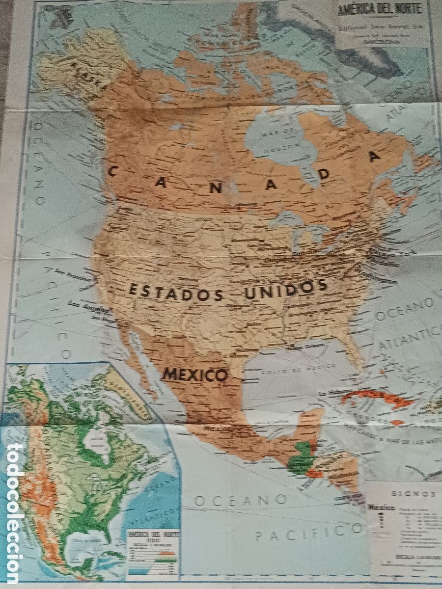 Mapas contempor&aacute;neos: ANTIGUO MAPA ESCOLAR DE AMERICA DEL NORTE- EDITORIAL SEIX BARRAL- CARTOGRAF&Iacute;A P. SOLER 90 x 124 cm