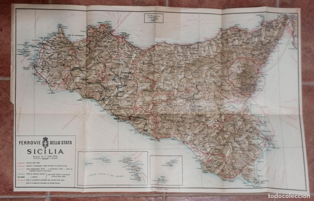 Mapas contempor&aacute;neos: FERROVIE DELLO STATO &ndash; SICILIA &ndash; GRAN MAPA FERROVIARIO 1:500.000 &ndash; A. MARZI ROMA &ndash; c. 1912