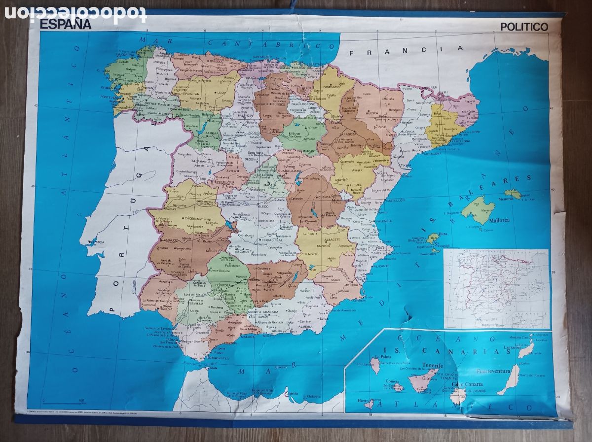 Mapas contempor&aacute;neos: MAPA ESPA&Ntilde;A FISICO Y POL&Iacute;TICO. 1975. EDICIONES IGOL. 112x87 CM.