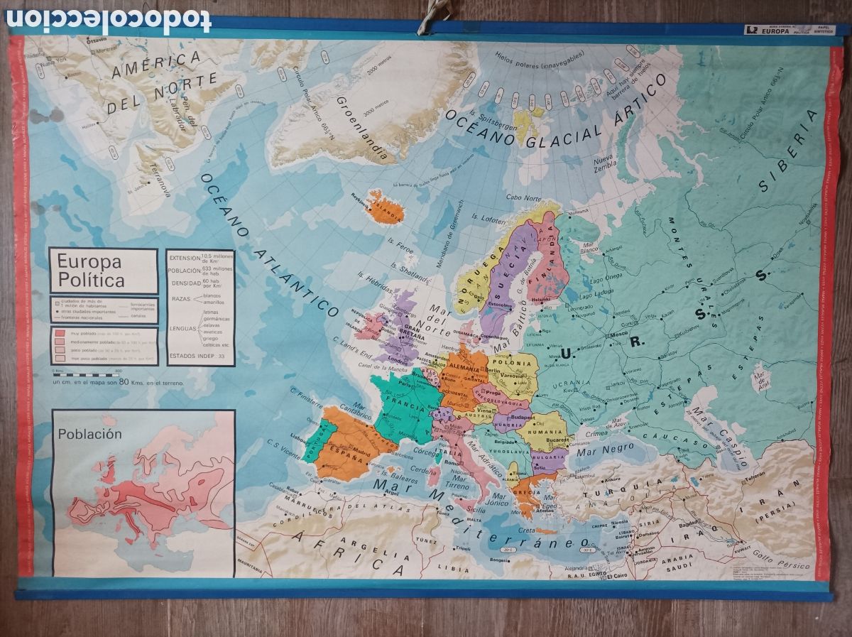 Mapas contempor&aacute;neos: MAPA DE EUROPA F&Iacute;SICO POL&Iacute;TICO. 1971. ED. VICENS VIVES. 126x88 CM. PAPEL SINT&Eacute;TICO. BUEN ESTADO.