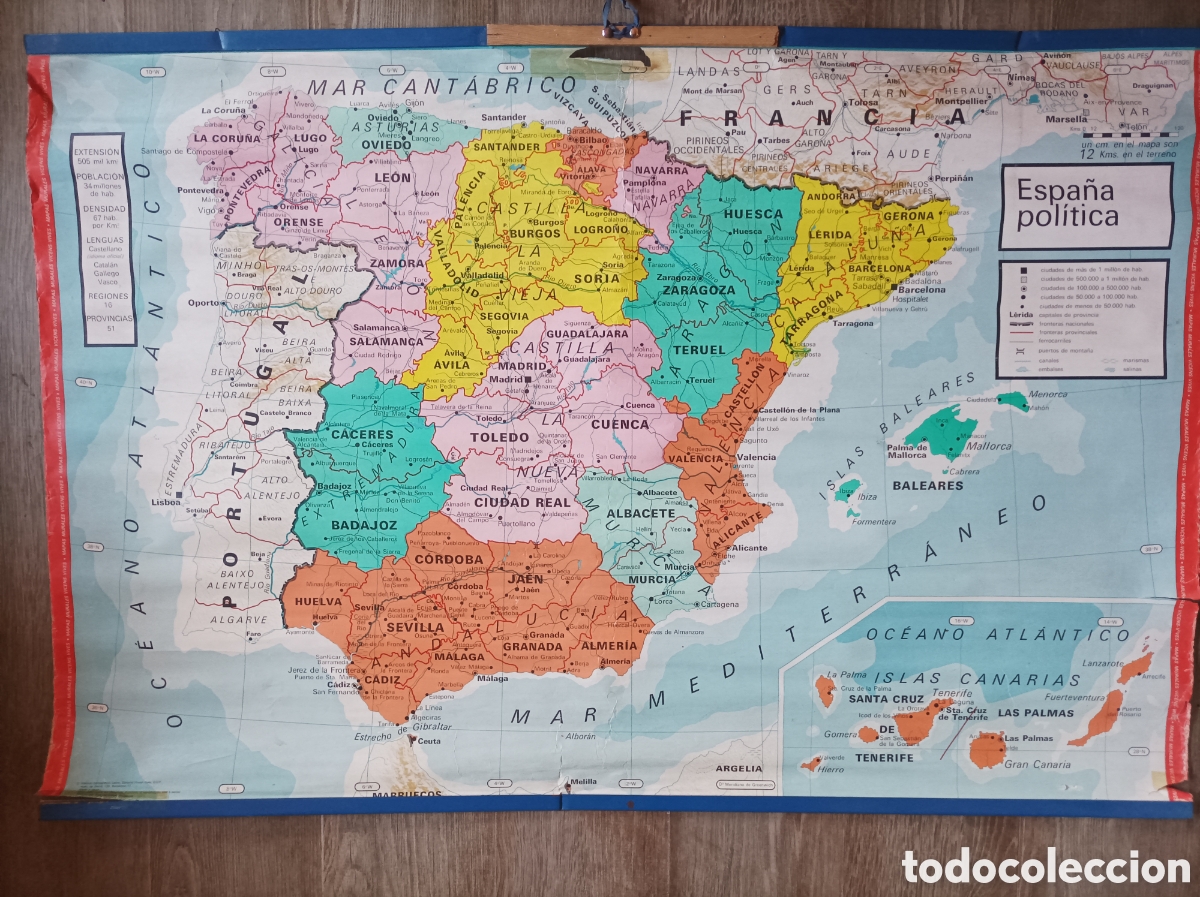 Mapas contempor&aacute;neos: MAPA DE ESPA&Ntilde;A FISICO POL&Iacute;TICO. 1971. ED. VICENS VIVES. 126x88 CM. BUEN ESTADO.