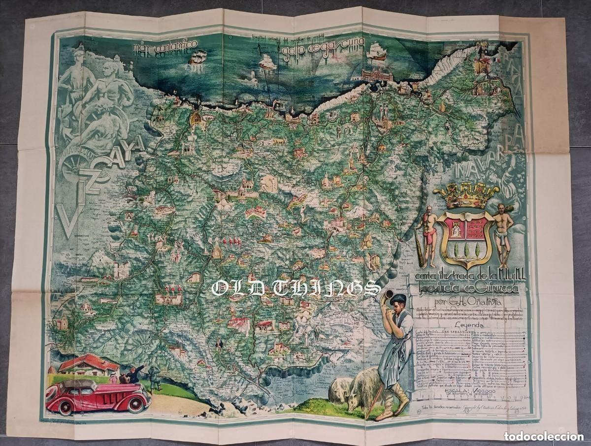 Mapas contempor&aacute;neos: ANTIGUO MAPA DE GUIPUZCOA DE G.H. O&Ntilde;ATIVIA. EDC. 1944. PAIS VASCO. PELOTA VASCA. Mide 89 X 69 CM. PR