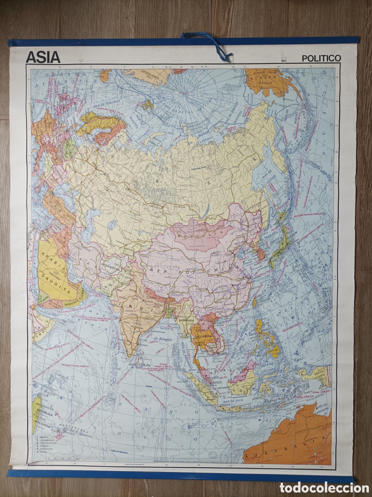 Mapas contempor&aacute;neos: MAPA F&Iacute;SICO POL&Iacute;TICO DE ASIA. ED. EDIGOL. 1976. BUEN ESTADO. 90x115 CM. MURAL ESCOLAR.