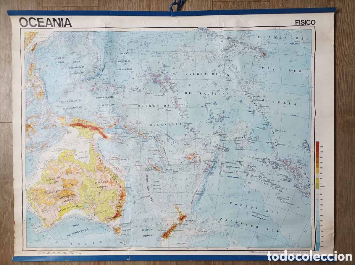 Mapas contempor&aacute;neos: MAPA DE OCEANIA FISICO POL&Iacute;TICO. ED. EDIGOL. 1976. BUEN ESTADO. 110x86 CM. MURAL ESCOLAR.