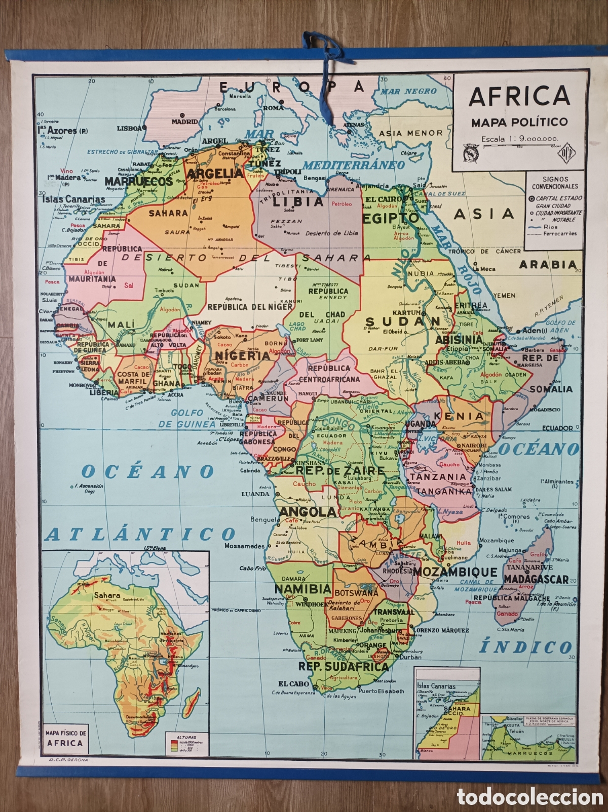 Mapas contempor&aacute;neos: MAPA DE &Aacute;FRICA F&Iacute;SICO POL&Iacute;TICO. CARLES DALMAU PLA. 1972. MUY BUEN ESTADO. 110x86 CM. MURAL ESCOLAR.
