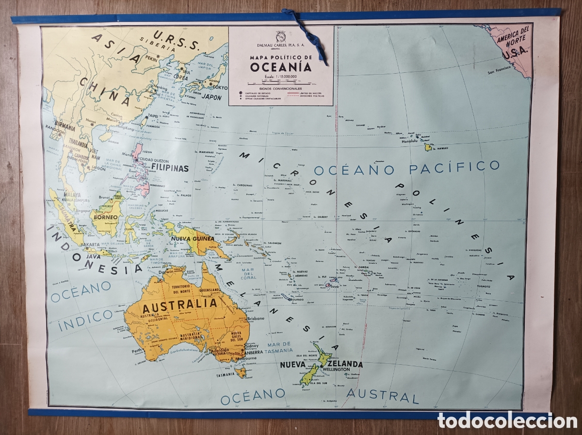 Mapas contempor&aacute;neos: MAPA DE OCEANIA FISICO POL&Iacute;TICO. CARLES DALMAU PLA. 1972. BUEN ESTADO.
