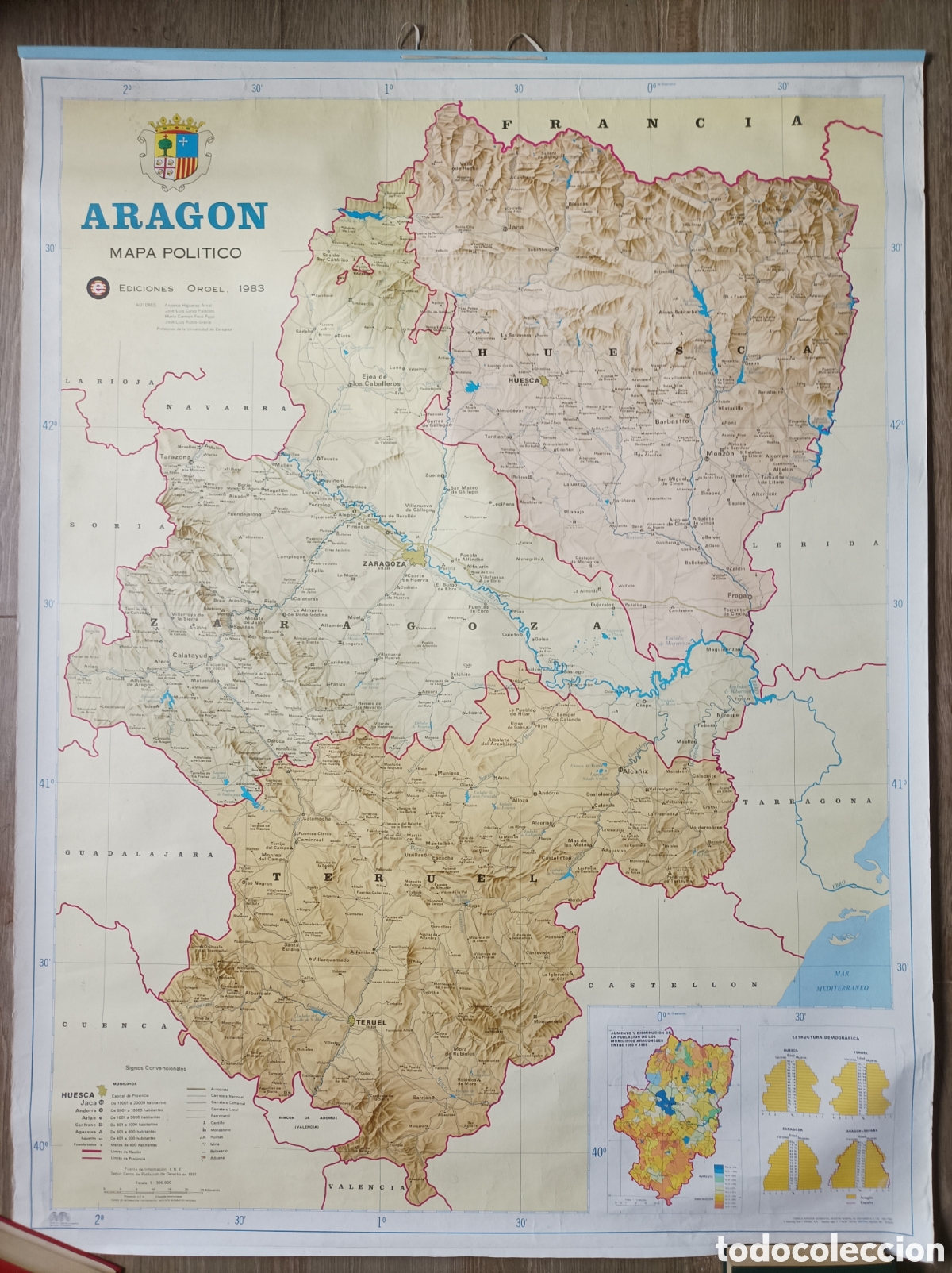 Mapas contempor&aacute;neos: MAPA DE ARAG&Oacute;N FISICO POL&Iacute;TICO. ED. OROEL. 1983. BUEN ESTADO. 92x123 CM. MURAL ESCOLAR.