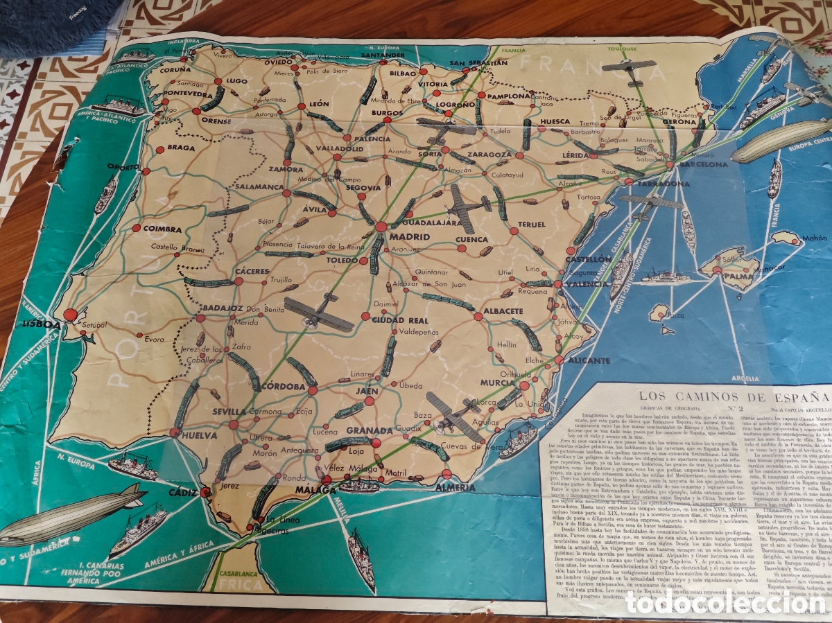Mapas contempor&aacute;neos: Antiguo mapa Espa&ntilde;a. 110 x 72. Los Caminos de Espa&ntilde;a. Transportes. Seix Barral. Entelado