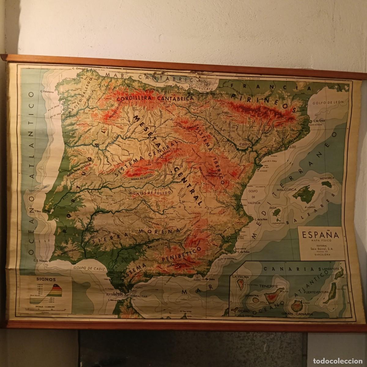 Mapas contempor&aacute;neos: MAPA ESCOLAR F&Iacute;SICO DE ESPA&Ntilde;A SEIX BARRAL 1959