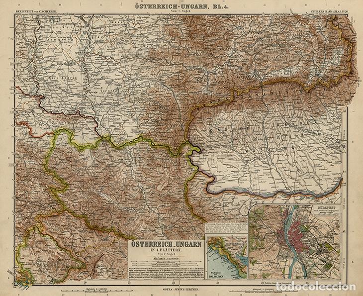 Mapas contempor&aacute;neos: MAPA DEL SUR DE HUNGR&Iacute;A, SERBIA, MONTENEGRO Y VALAQUIA , DE 1908, LITOGRAF&Iacute;A STIELER&rsquo;S, 9&ordf; Ed. CARTA