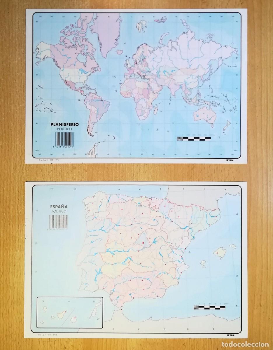 Mapas contempor&aacute;neos: Lote de 2 mapas: Espa&ntilde;a pol&iacute;tico y Planisferio pol&iacute;tico. Selvi 1996. Tama&ntilde;o folio.