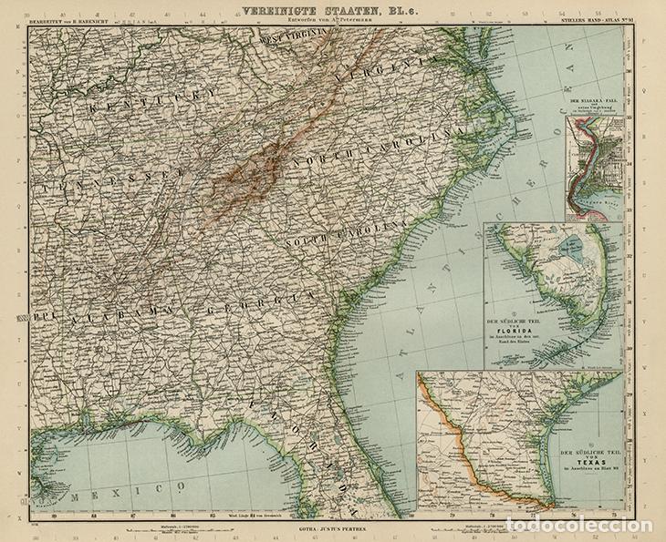 Cartes g&eacute;ographiques contemporaines: MAPA DEL SURESTE DE LOS ESTADOS UNIDOS, DEEP SOUTH, DIXIE, SUR, DE 1908, LITOGRAF&Iacute;A STIELER&rsquo;S, 9&ordf; Ed