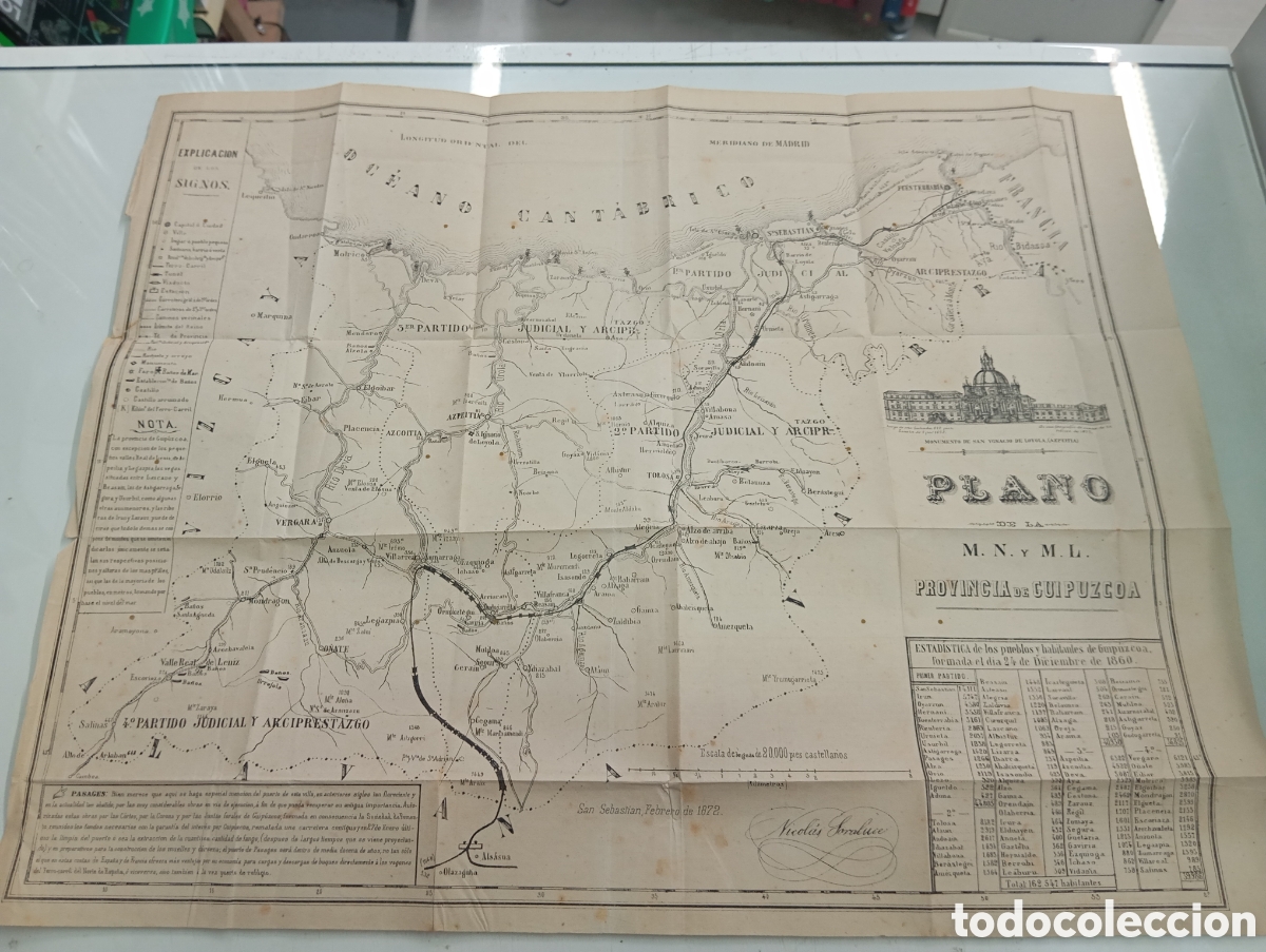 Contemporary maps: PLANO DE LA M.N. M.L. PROVINCIA DE GUIPUZCOA SAN SEBASTIAN 1872 NICOLAS SORALUCE MAPA PAIS VASCO