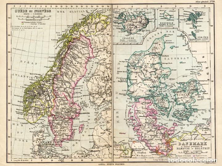 Mapas contempor&aacute;neos: MAPA DE SUECIA Y NORUEGA, ISLANDIA Y DINAMARCA, DE 1900, JUSTUS PERTHES, GRABADO DE COBRE. CARTA