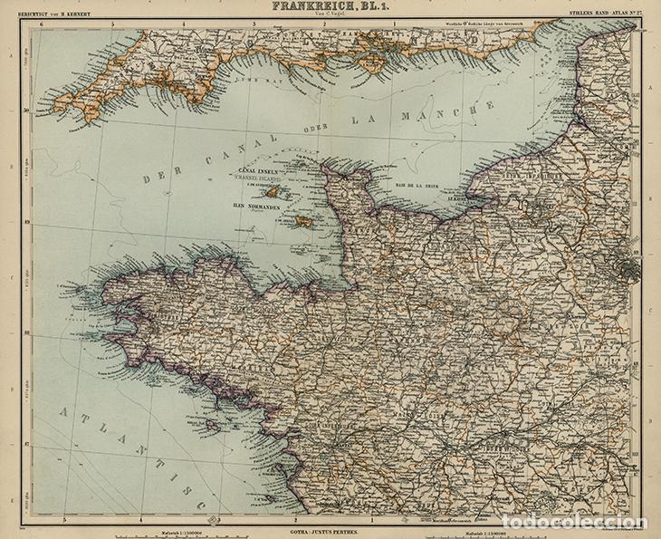 Mapas contempor&aacute;neos: MAPA DEL NOROESTE DE FRANCIA, BRETA&Ntilde;A, NORMAND&Iacute;A, ISLAS DEL CANAL, 1908, LITOGRAF&Iacute;A STIELER&rsquo;S, 9&ordf; Ed