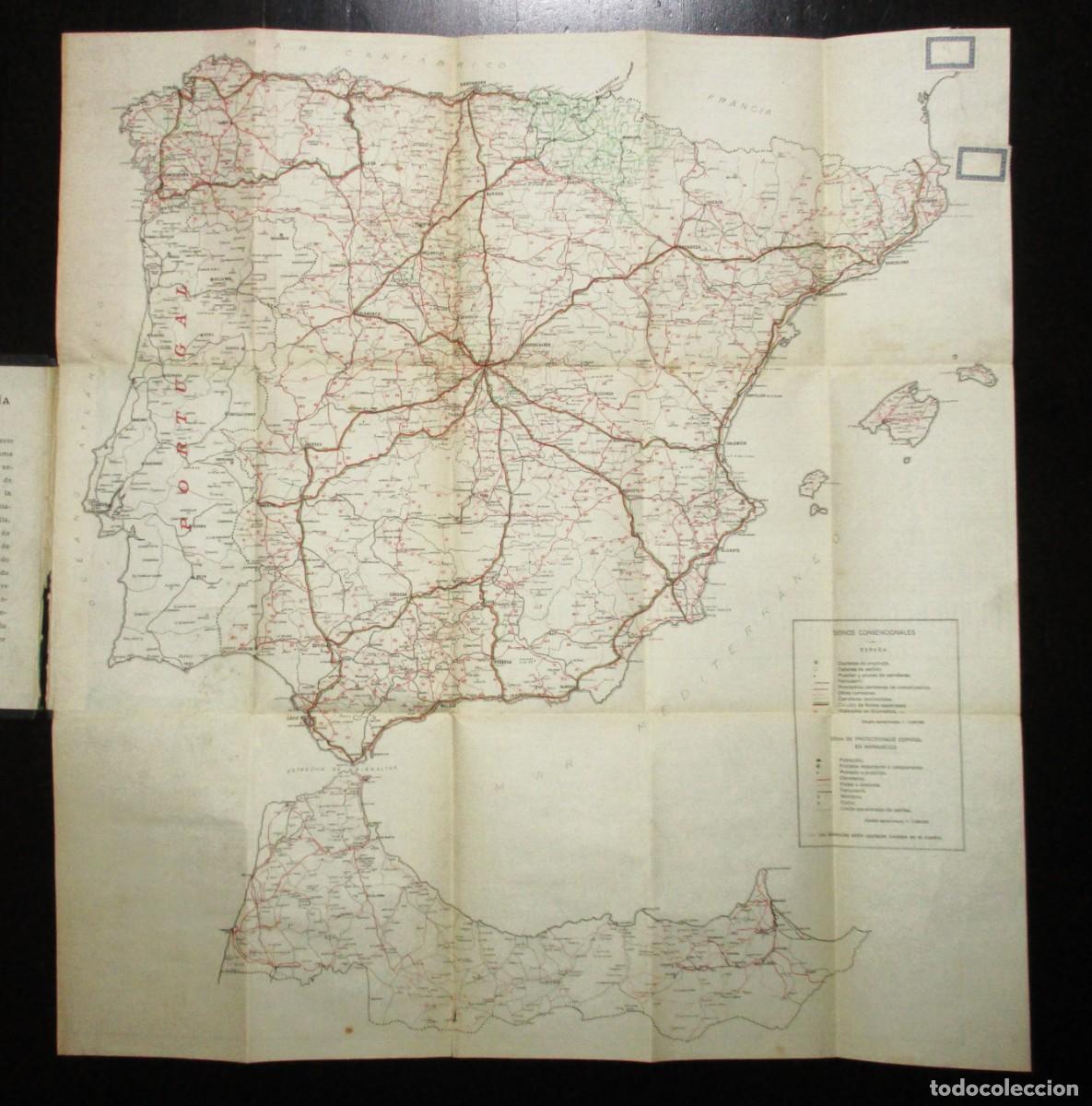 Contemporary maps: MAPA DE ESPA&Ntilde;A Y PROTECTORADO DE MARRUECOS DE 49 X 52 CMS. PUBLICIDAD DE TALLER DE OVIEDO DE 1928.