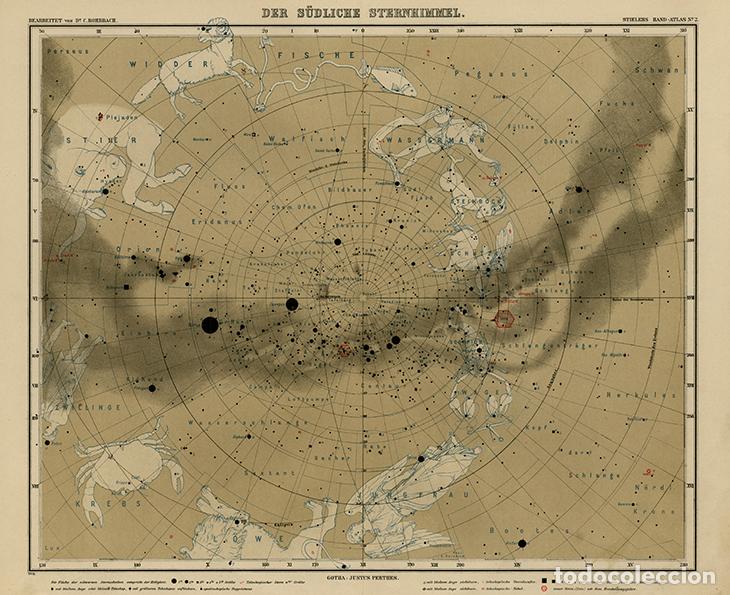 Mapas contempor&aacute;neos: CARTA DE LAS ESTRELLAS DEL HEMISFERIO SUR, DE 1908, LITOGRAF&Iacute;A STIELER&rsquo;S, 9&ordf; Ed. CARTOGRAF&Iacute;A, MAPA