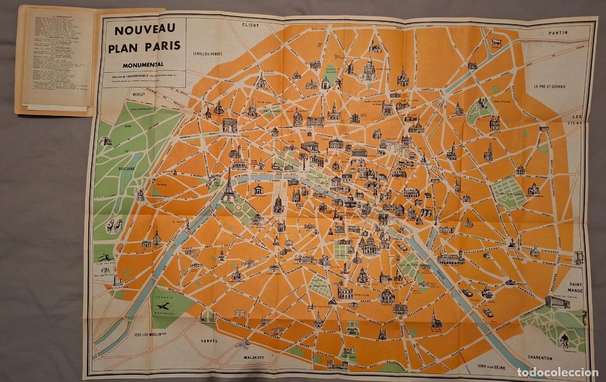 Mapas contempor&aacute;neos: Planos mapas de Paris Francia a&ntilde;os 50. Plano Paris monumental, metro Carte Paris vintage Guia Paris