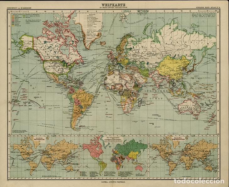 Mapas contempor&aacute;neos: MAPAMUNDI POL&Iacute;TICO SEG&Uacute;N LA PROYECCI&Oacute;N DE MERCATOR, DE 1908, LITOGRAF&Iacute;A STIELER&rsquo;S, 9&ordf; Ed. CARTA