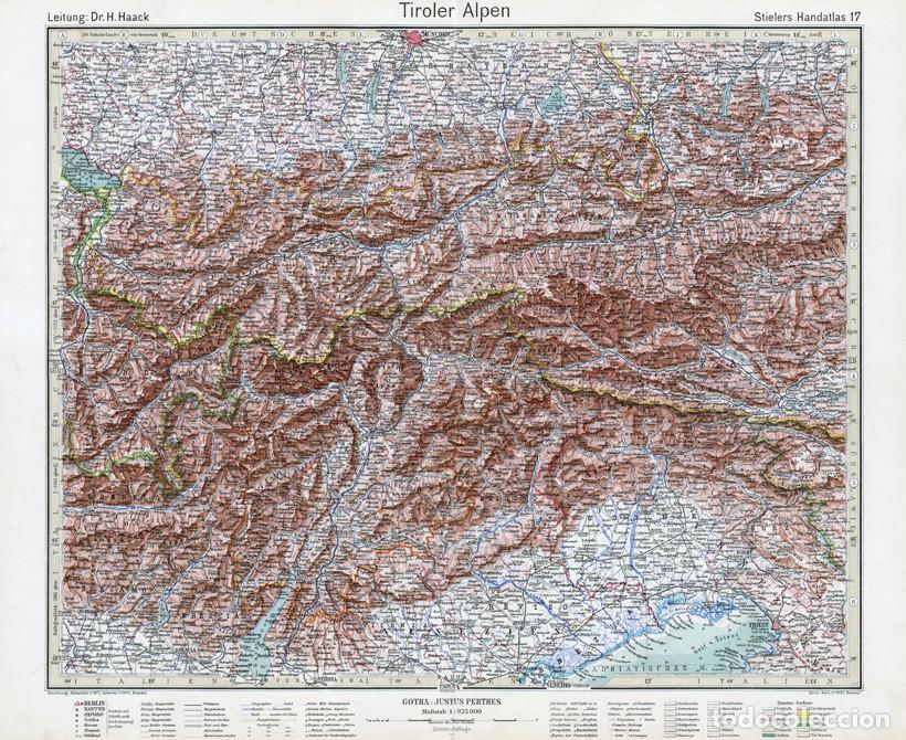 Cartes g&eacute;ographiques contemporaines: MAPA (GRABADO COBRE) DE LOS ALPES TIROLESES (AUSTRIA, ITALIA...). STIELERS ATLAS ED. CENTENARIO 1931