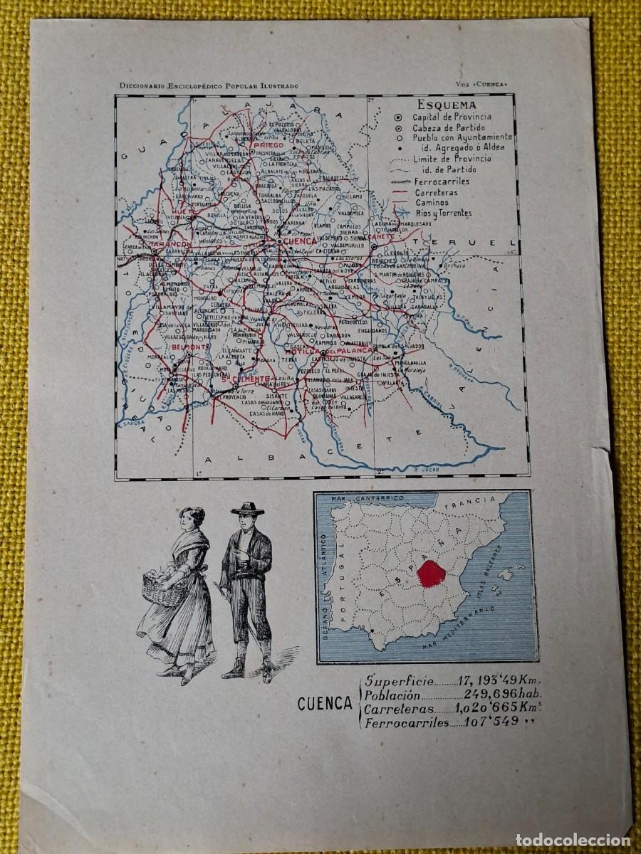 Mapas contempor&aacute;neos: Antiguo mapa (aprox 1910) provincia Cuenca. Trajes regionales. Mapa Espa&ntilde;a ubicacion. Poblacion