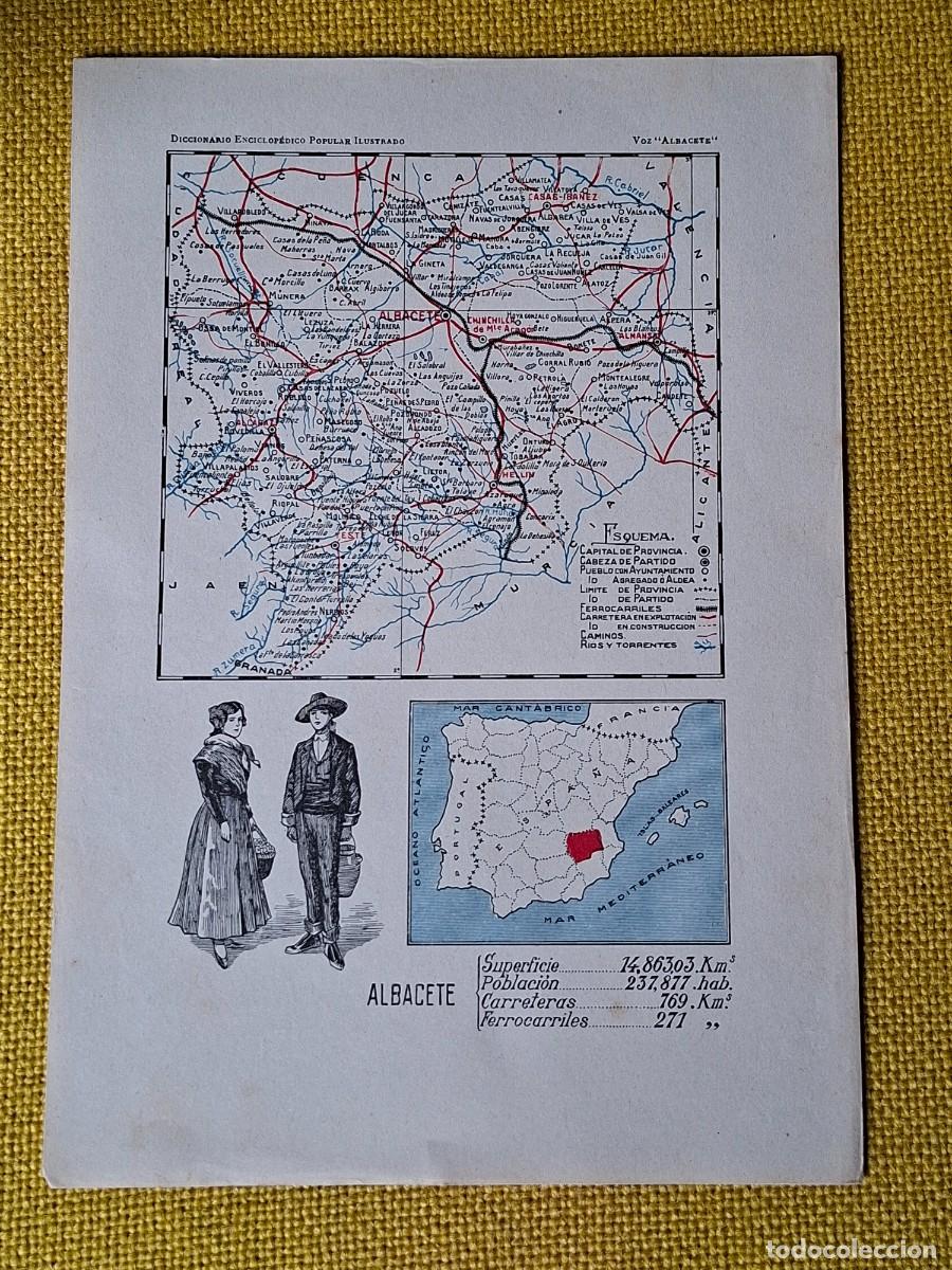 Mapas contempor&aacute;neos: Antiguo mapa (aprox 1910) provincia Albacete. Trajes regionales. Mapa Espa&ntilde;a ubicacion. Poblacion