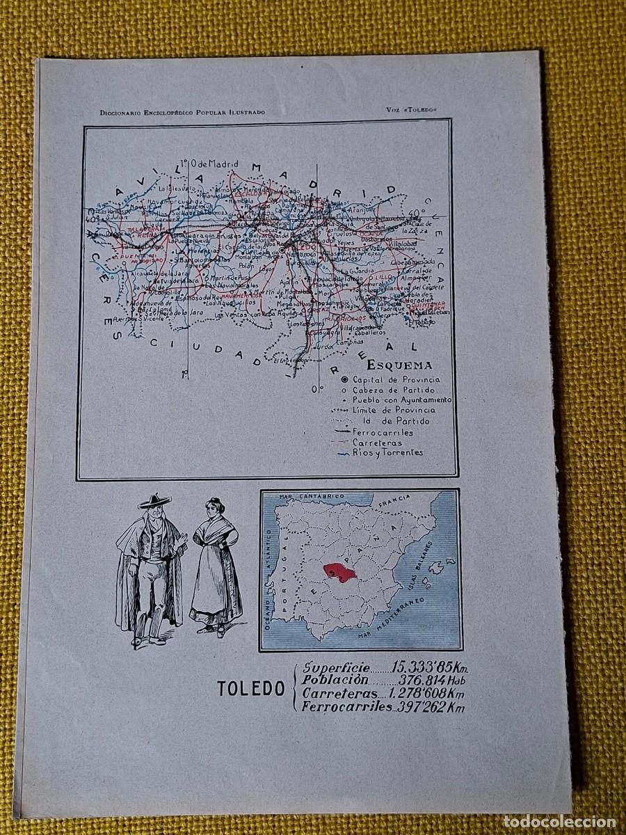 Mapas contempor&aacute;neos: Antiguo mapa (aprox 1910) provincia Toledo. Trajes regionales. Mapa Espa&ntilde;a ubicacion. Poblacion