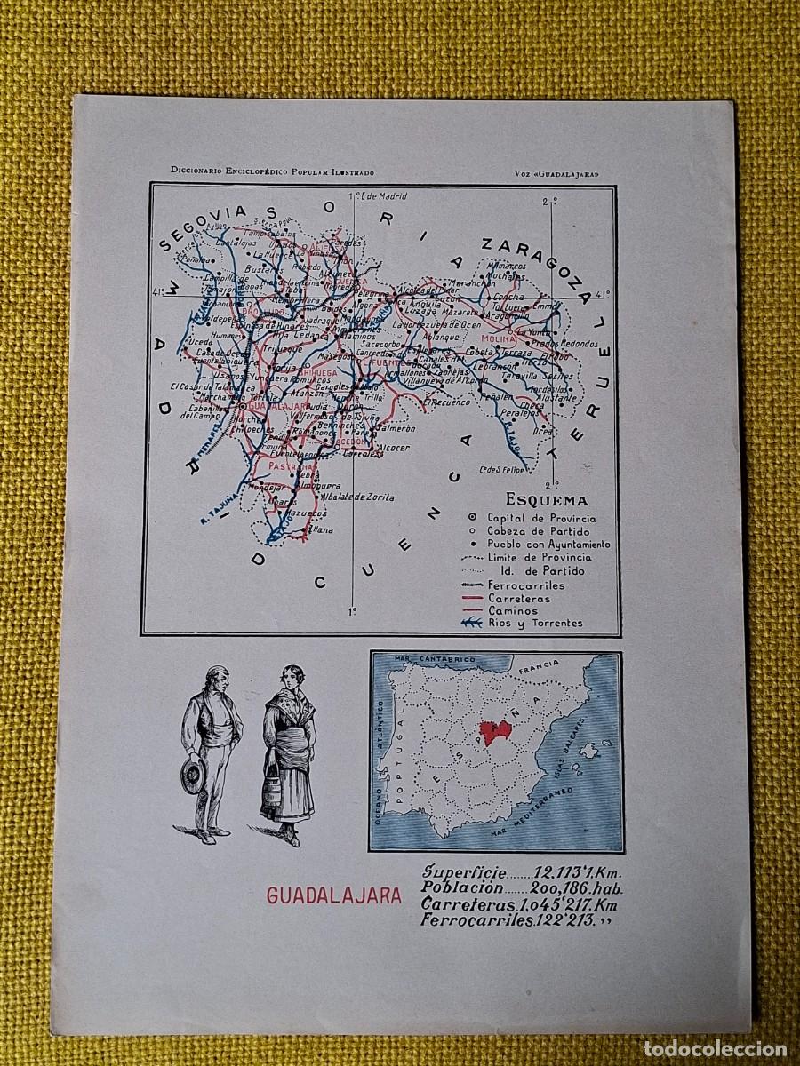 Mapas contempor&aacute;neos: Antiguo mapa (aprox 1910) provincia Guadalajara. Trajes regionales. Mapa Espa&ntilde;a ubicacion. Poblacion