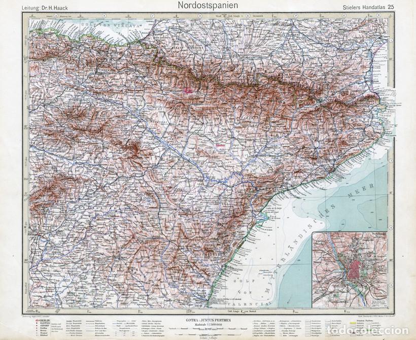 Mapas contempor&aacute;neos: MAPA (GRABADO COBRE) DE ESPA&Ntilde;A NORORIENTAL. STIELERS HAND-ATLAS, EDICI&Oacute;N CENTENARIO 1931 (NORDESTE)