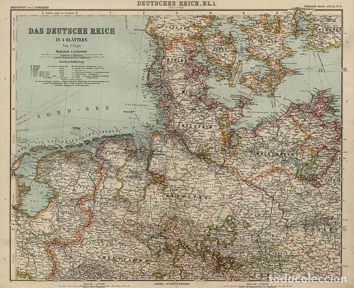 Mapas contempor&aacute;neos: MAPA DEL NORTE DEL IMPERIO ALEM&Aacute;N (II REICH), DE 1908, LITOGRAF&Iacute;A STIELER&rsquo;S, 9&ordf; Ed. CARTOGRAF&Iacute;A