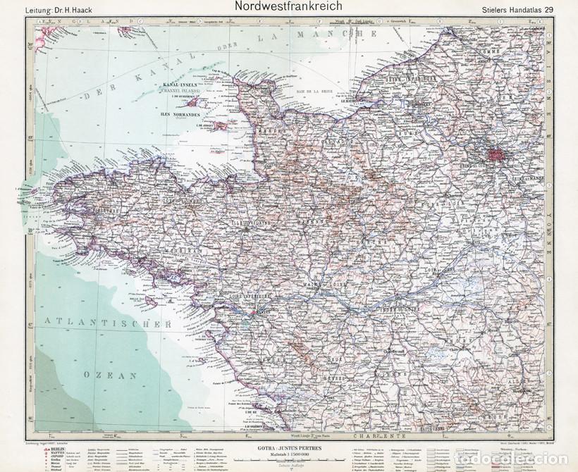 Mapas contempor&aacute;neos: MAPA (GRABADO COBRE) DEL NOROESTE DE FRANCIA. STIELERS ATLAS CENTENARIO 1931 (BRETA&Ntilde;A, NORMAND&Iacute;A...)