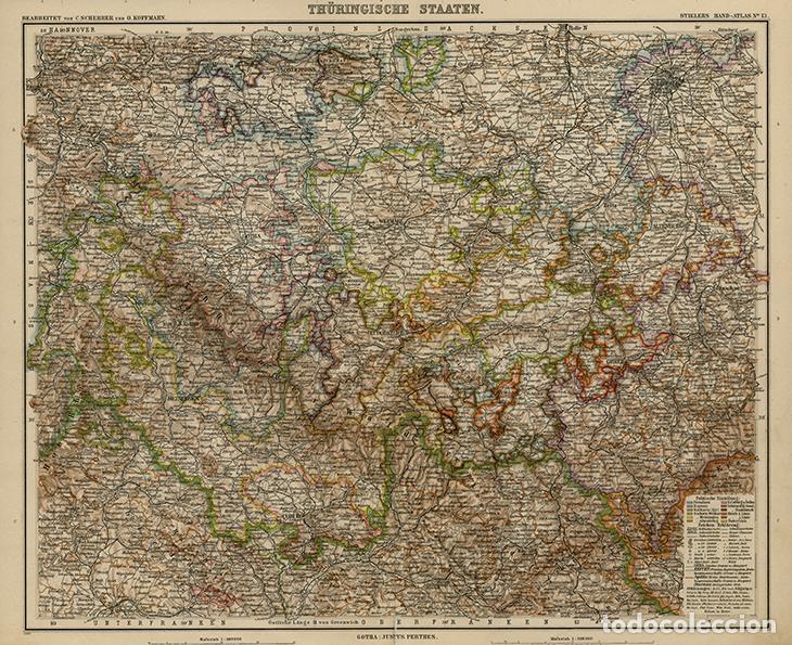 Mapas contempor&aacute;neos: MAPA DE LOS ESTADOS DE TURINGIA (ALEMANIA, II REICH), DE 1908, LITOGRAF&Iacute;A STIELER&rsquo;S, 9&ordf; Ed. CARTA
